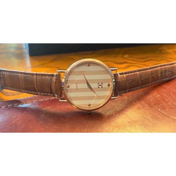 Women's 40mm Gold Tone Charming Charlie Watch, Tan Striped Face - Picture 2 of 3